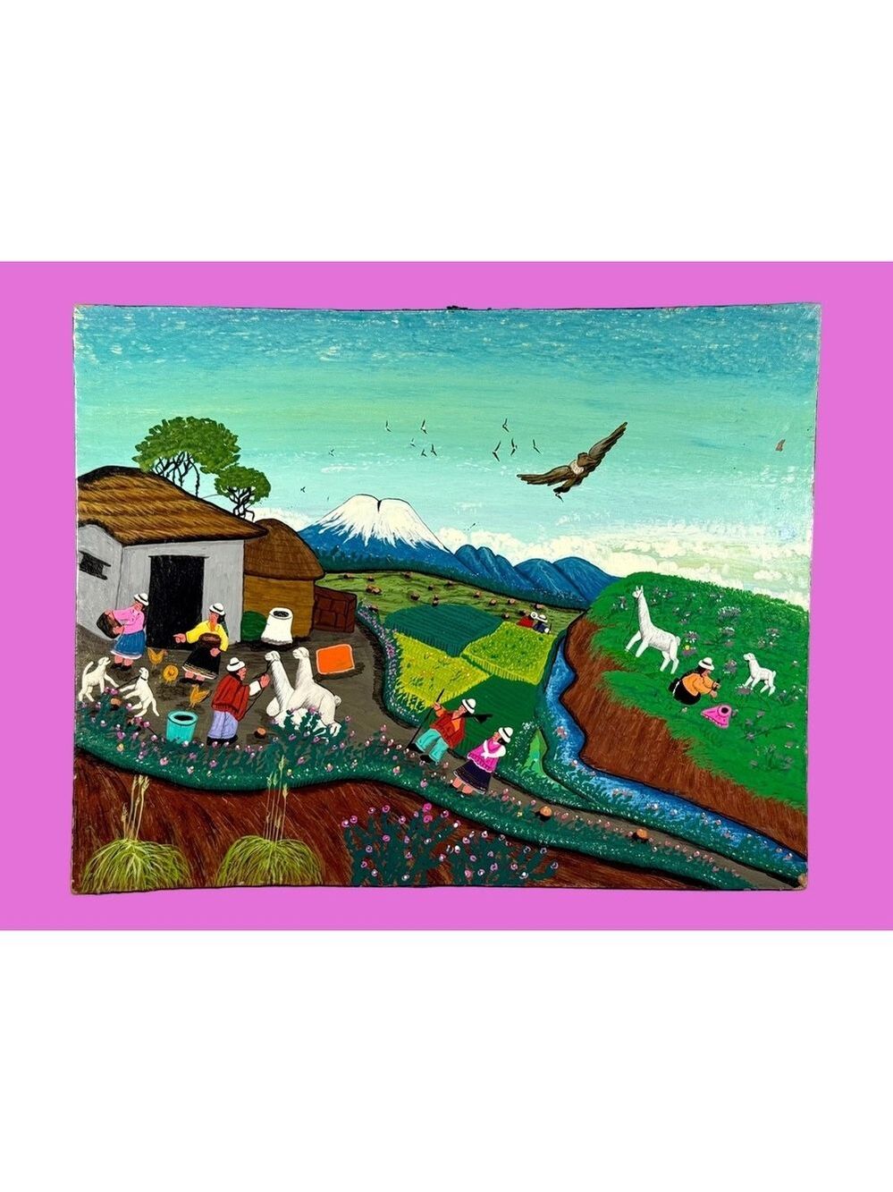 Mario Vega Cuyo Tigua Painting Sheepskin Ecuador Andean Folk Art Cotopaxi Condor